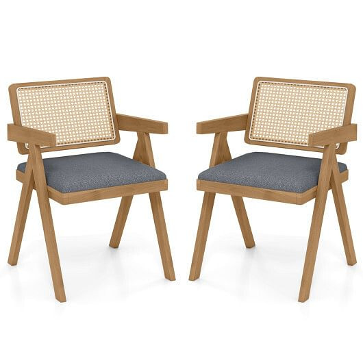 Set of 2 Rattan Accent Chairs with Padded Cushion and Rubber Wood Frame-Beige