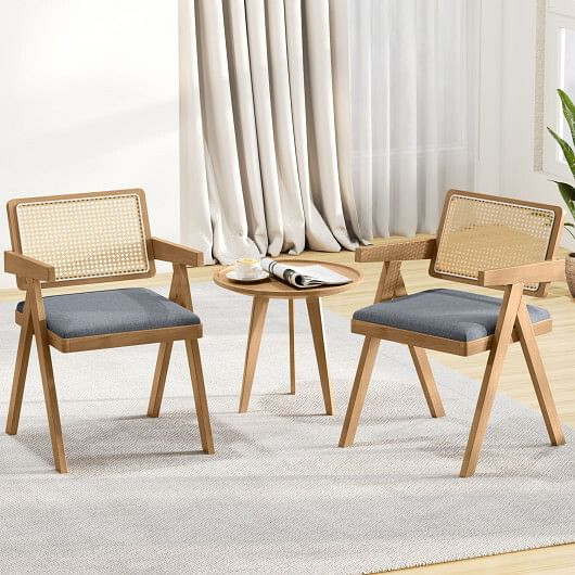 Set of 2 Rattan Accent Chairs with Padded Cushion and Rubber Wood Frame-Beige