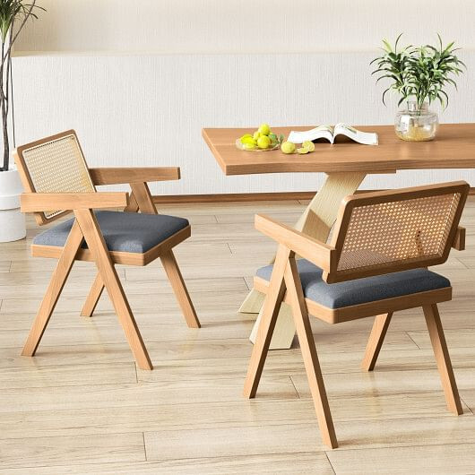 Set of 2 Rattan Accent Chairs with Padded Cushion and Rubber Wood Frame-Beige