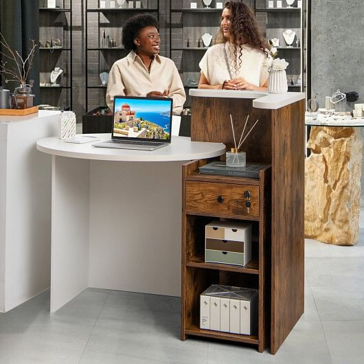 Front Reception Office Desk with Open Shelf and Drawer-Black & White