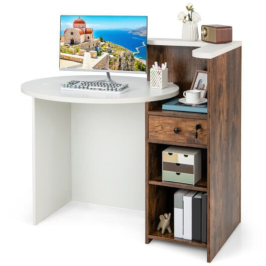 Front Reception Office Desk with Open Shelf and Drawer-Black & White