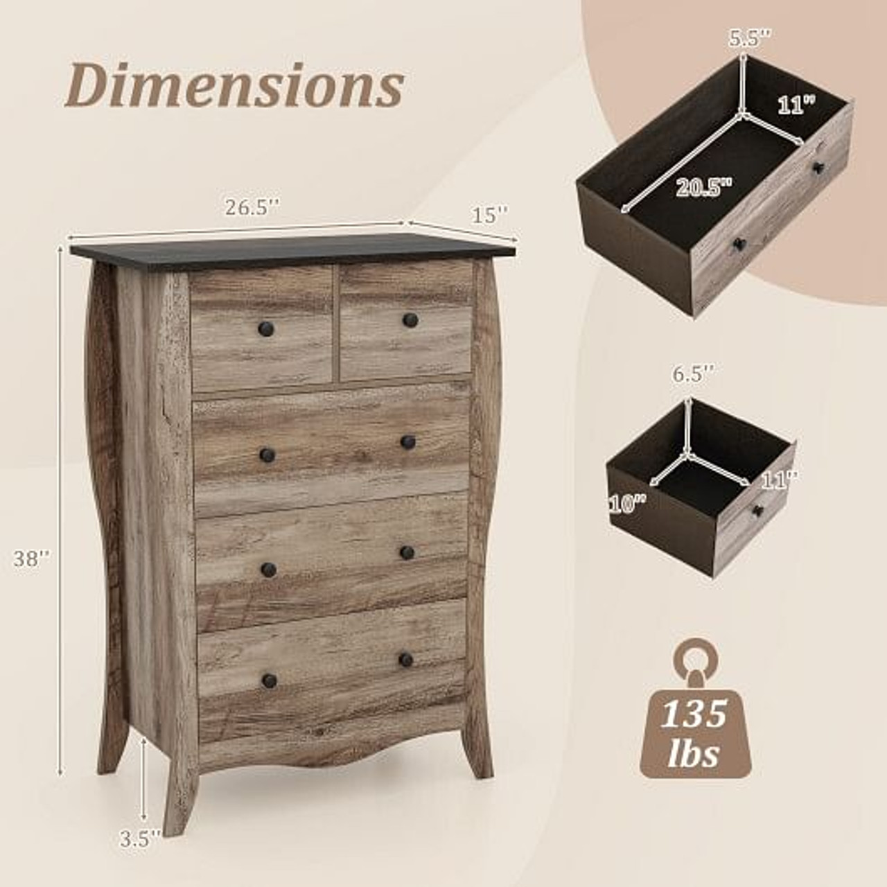 Closet Storage Organizer with 5 Folding Fabric Drawers and Anti-tipping Kit-Gray