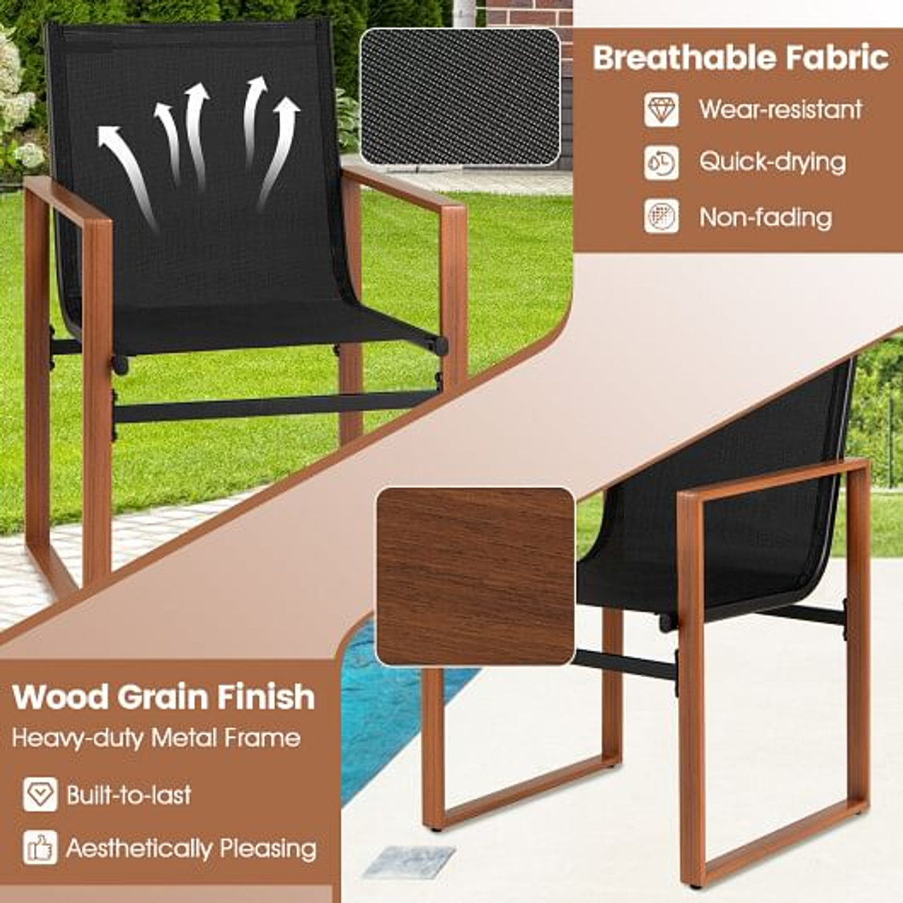 Outdoor Dining Chairs with Breathable Seat and Backrest Set of 2-Brown
