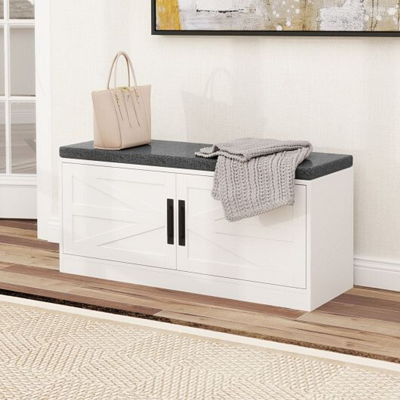 Shoe Bench with Cushion Farmhouse Shoe Rack Organizer with 2 Barn Doors-White