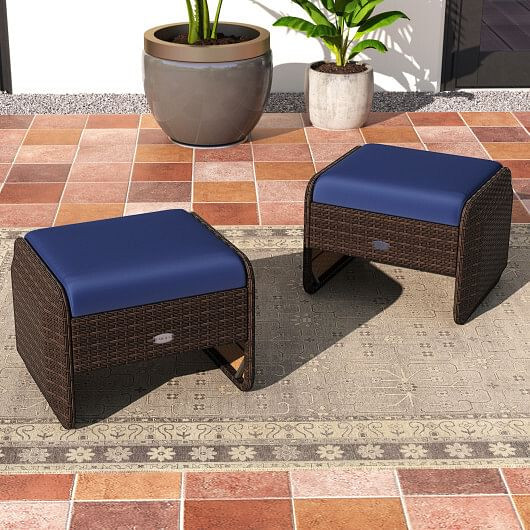 2 Pieces Outdoor Patio PE Wicker Ottomans with Removable Cushions-Brown