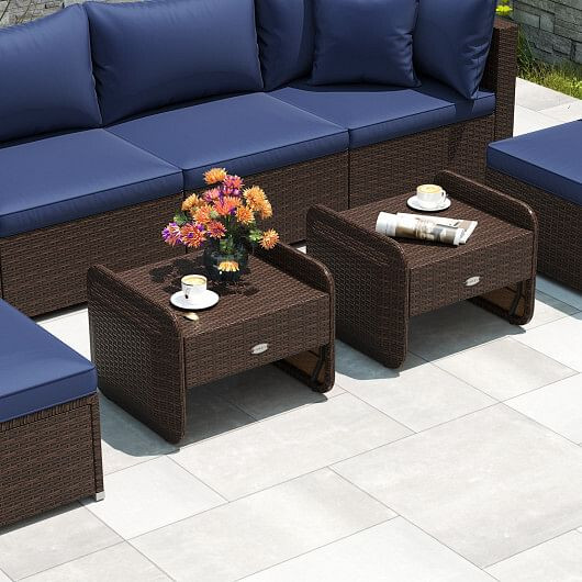 2 Pieces Outdoor Patio PE Wicker Ottomans with Removable Cushions-Brown