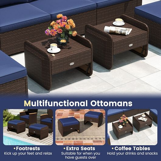 2 Pieces Outdoor Patio PE Wicker Ottomans with Removable Cushions-Brown