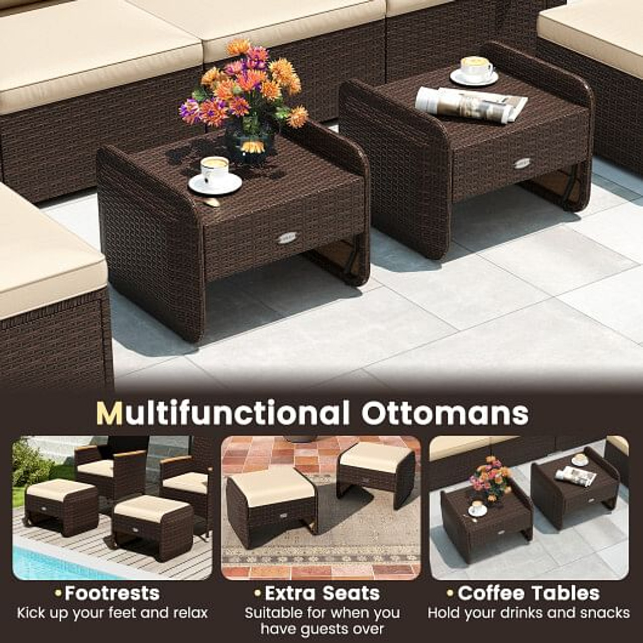 2 Pieces Outdoor Patio PE Wicker Ottomans with Removable Cushions-Brown