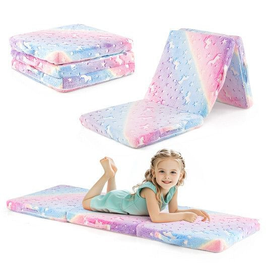 Foldable Floor Mattress for Kids with Washable Flannel Cover-Pink