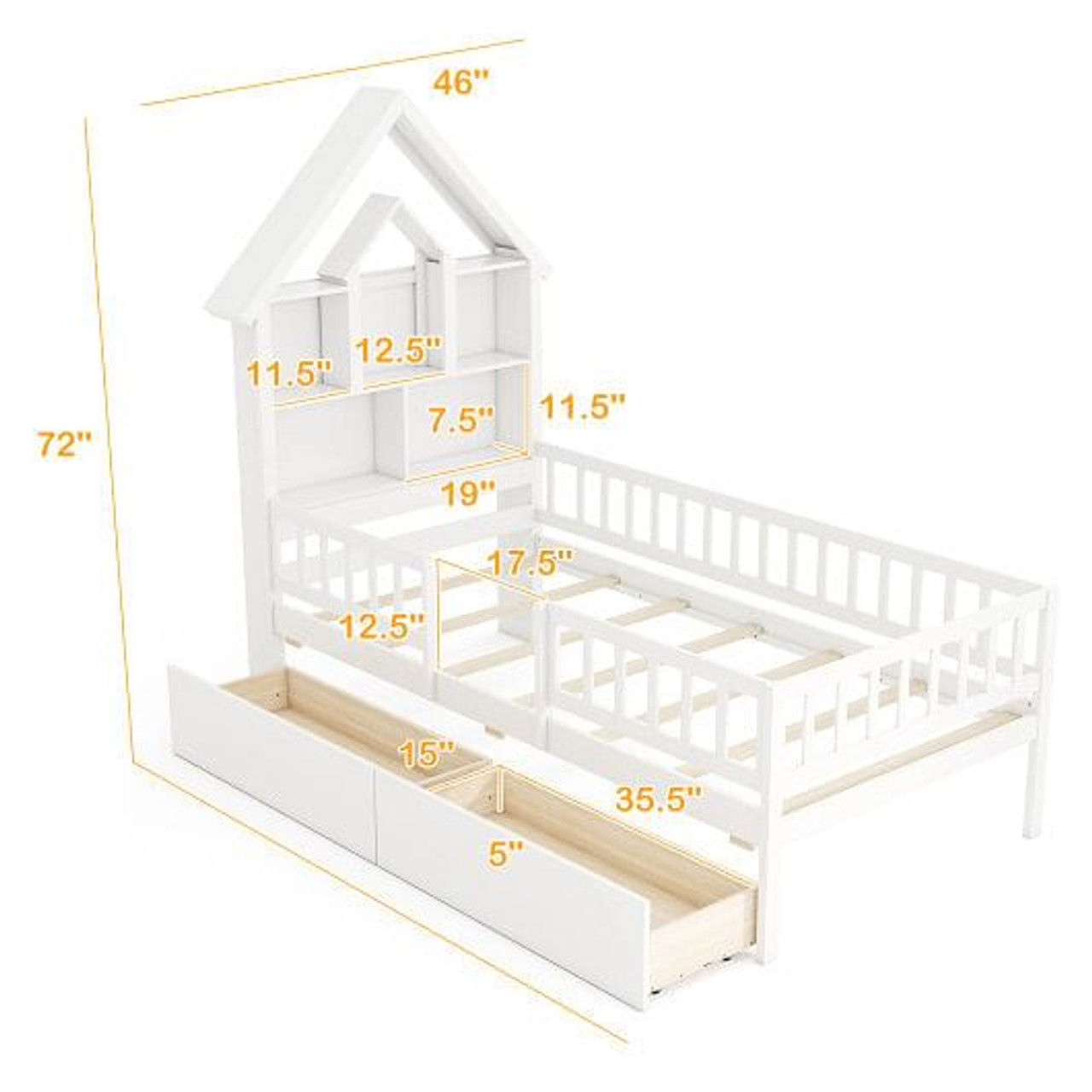 Twin Size House Bed Kids Montessori Bed with House-Shaped Storage Headboard-White