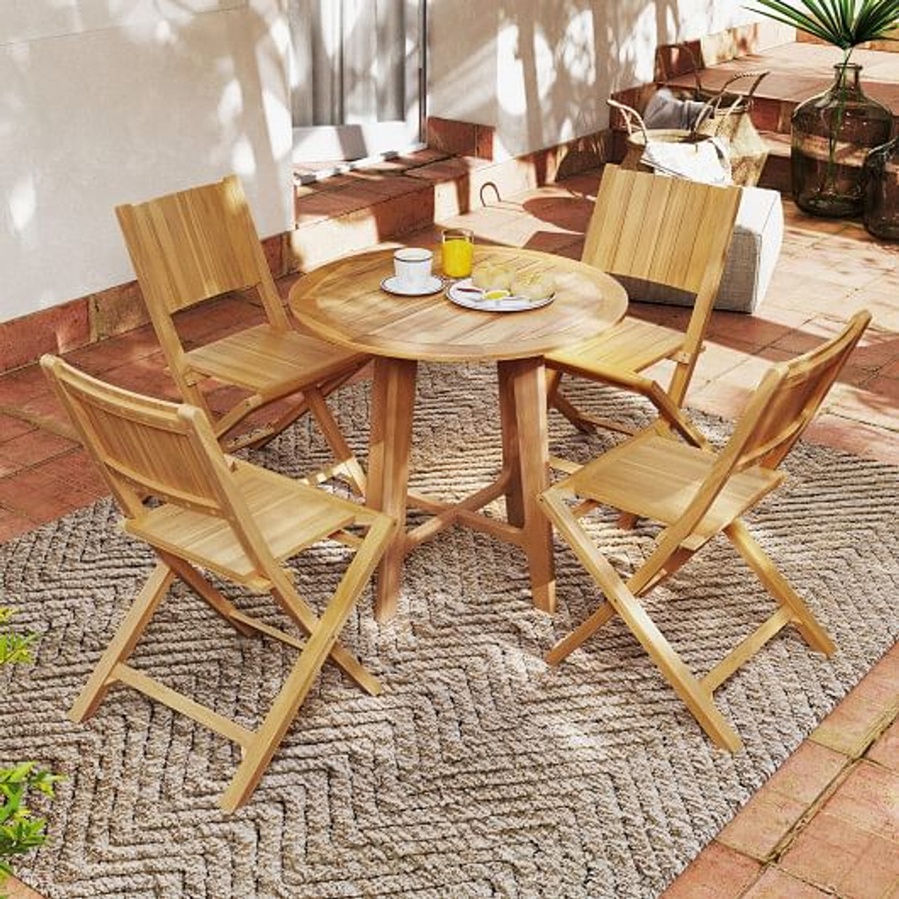 2 Pieces Teak Wood Outdoor Dining Chairs with Slatted Seat