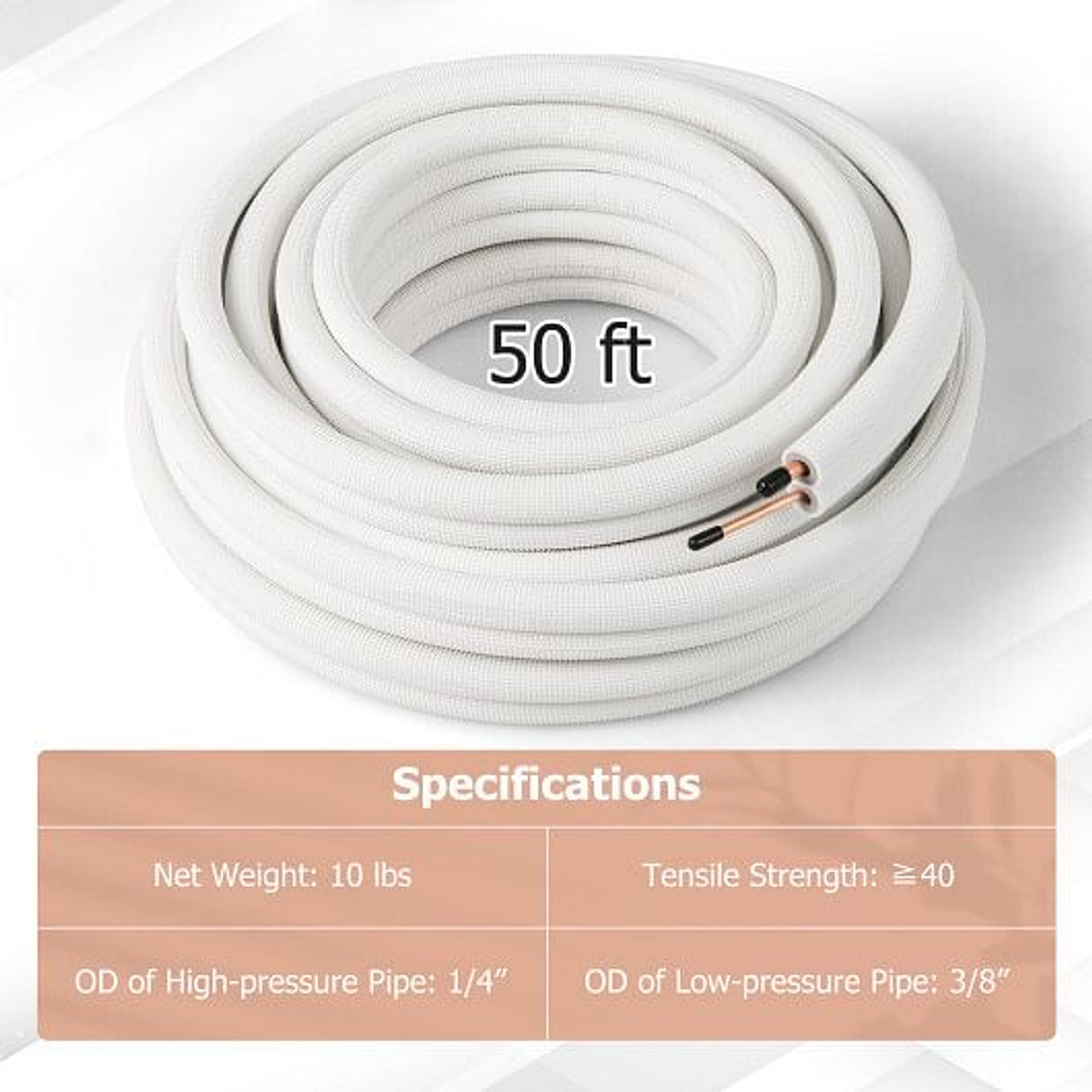 50 Feet Mini Split Line Set with 1/4 Inch and 3/8 Inch O.D. Copper Pipes Tubing