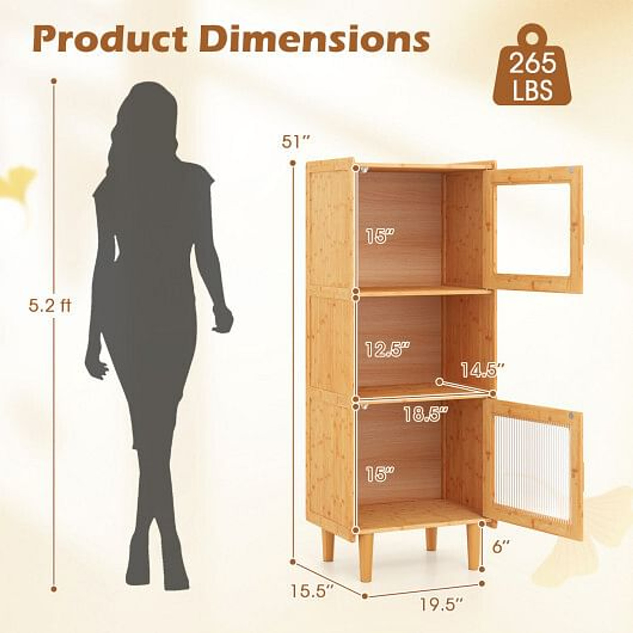 3-Cube Bamboo Storage Cabinet with Open Compartment and 2 Acrylic Doors-Natural