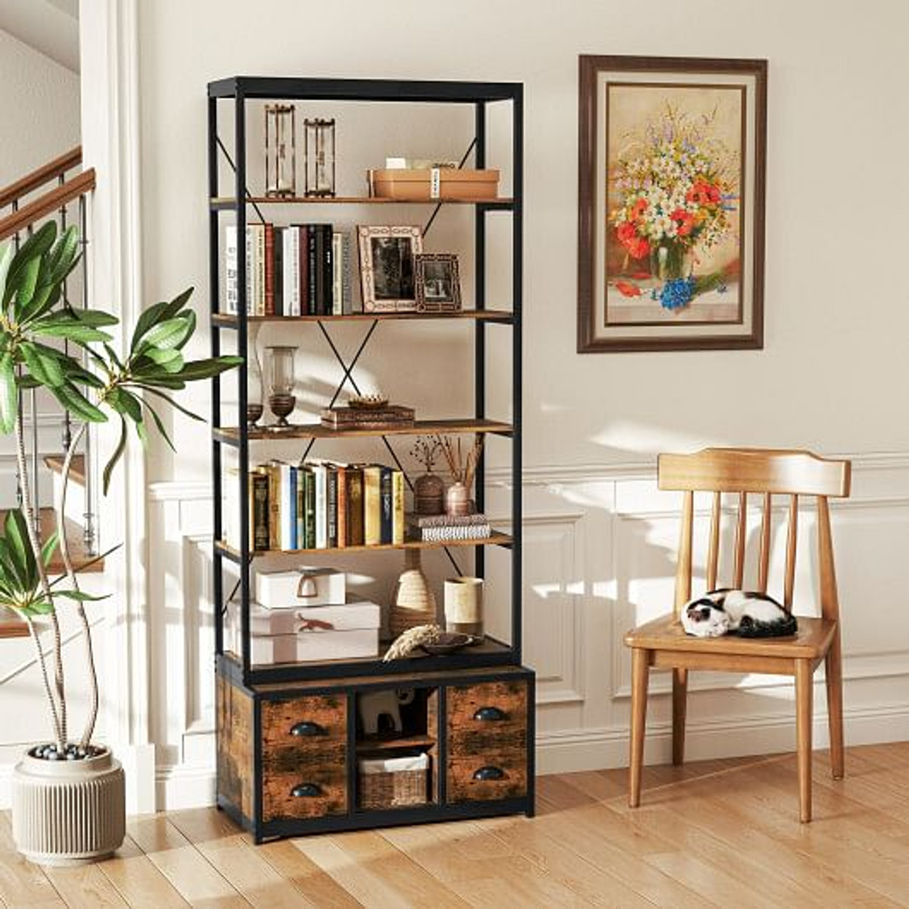 8-tier Bookshelf with 4 Fabric Drawers  and Heavy-duty Metal Frame-Coffee