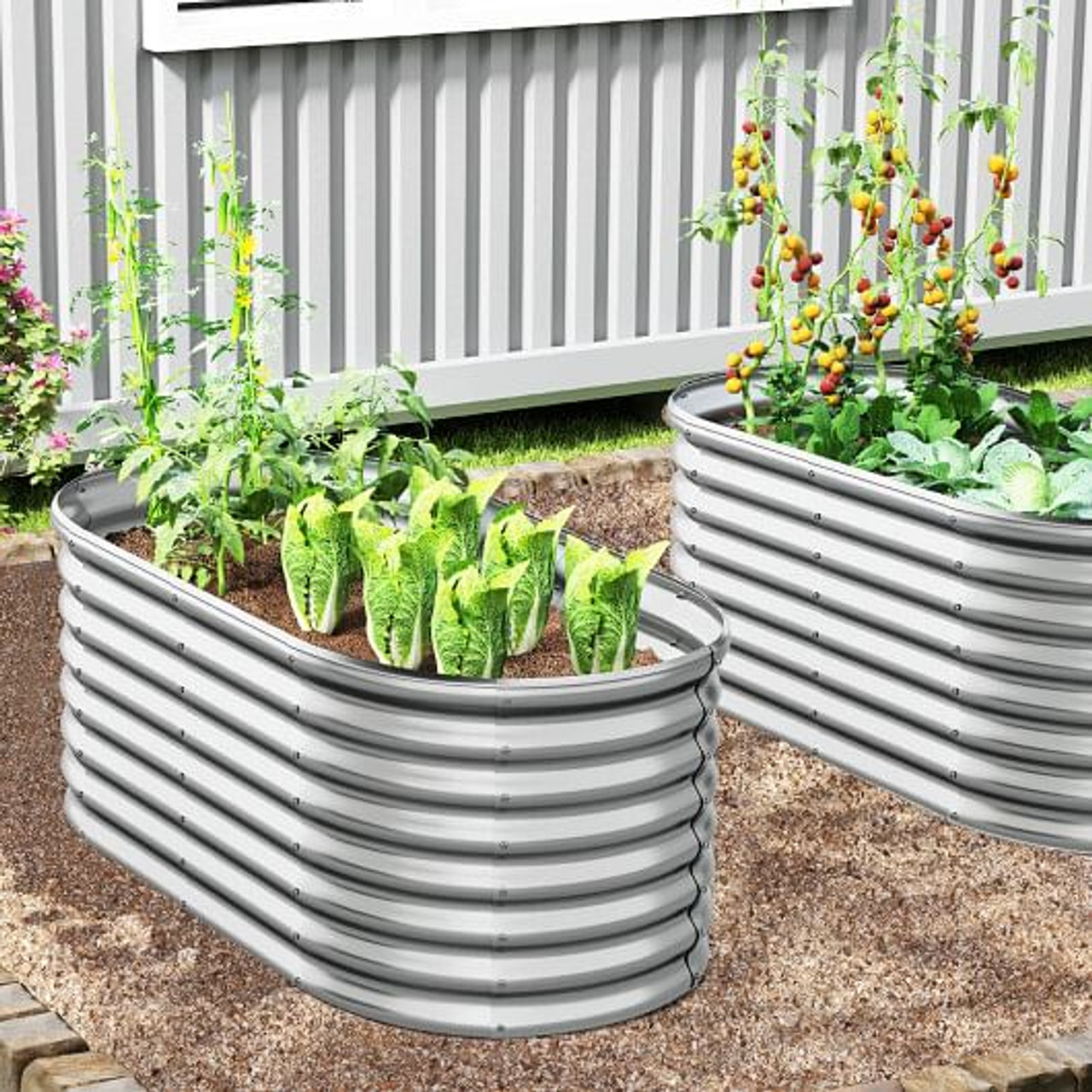 5 x 3 x 2 Feet Metal Oval Raised Garden Bed with Open Bottom Design-Silver