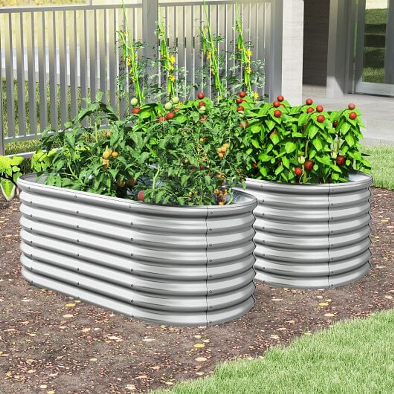 5 x 3 x 2 Feet Metal Oval Raised Garden Bed with Open Bottom Design-Silver