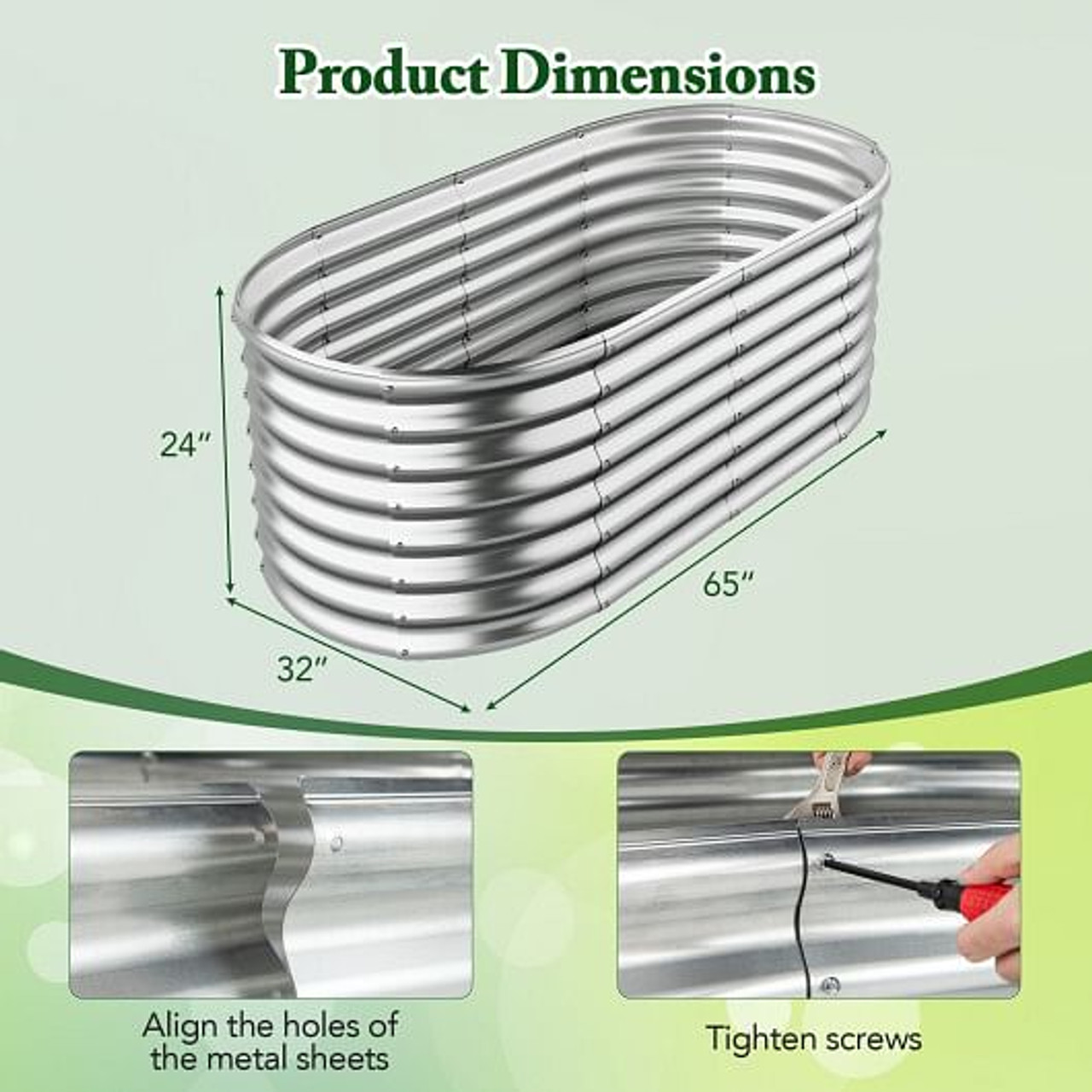 5 x 3 x 2 Feet Metal Oval Raised Garden Bed with Open Bottom Design-Silver