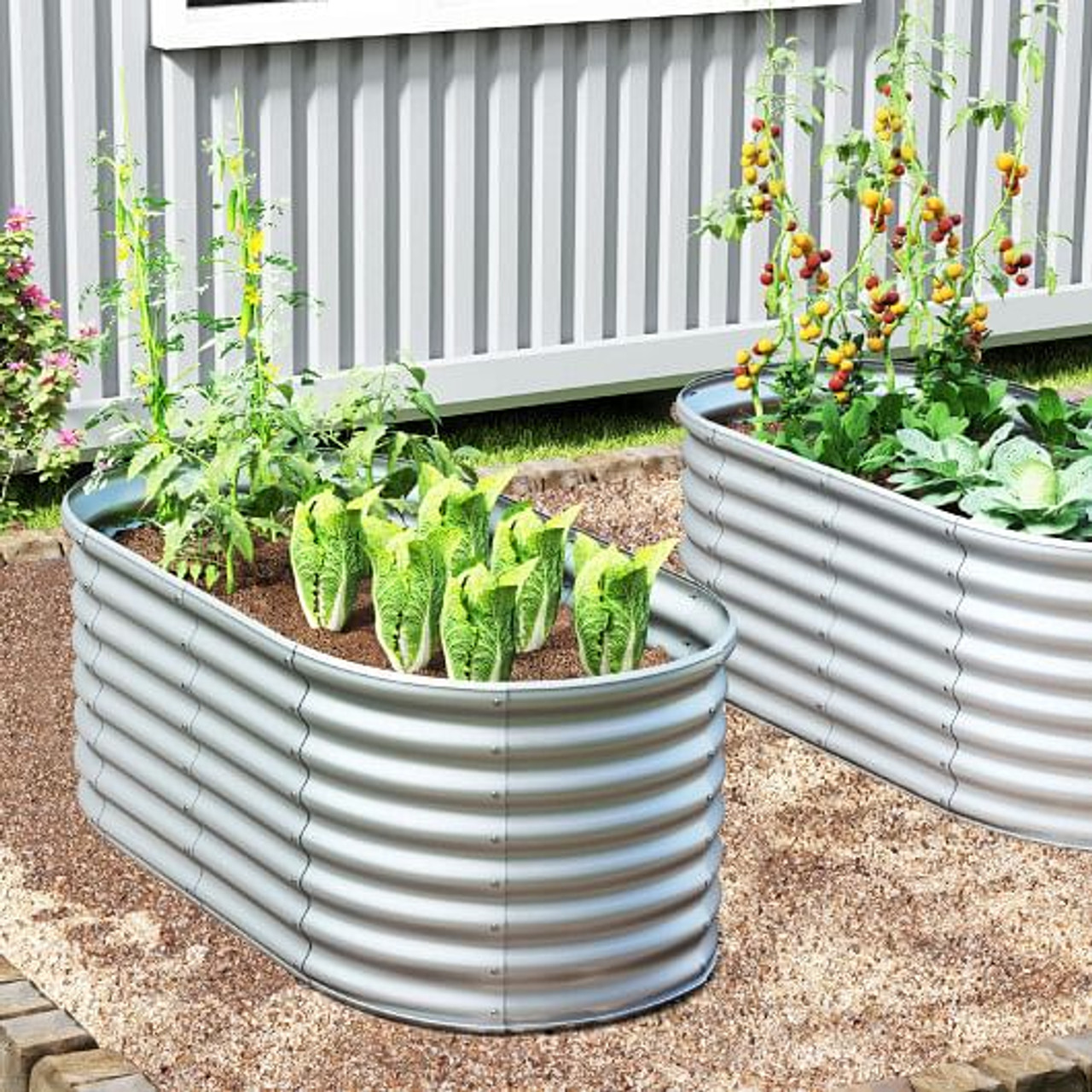 5 x 3 x 2 Feet Metal Oval Raised Garden Bed with Open Bottom Design-Silver