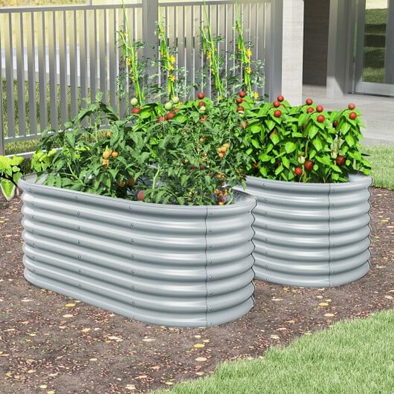 5 x 3 x 2 Feet Metal Oval Raised Garden Bed with Open Bottom Design-Silver