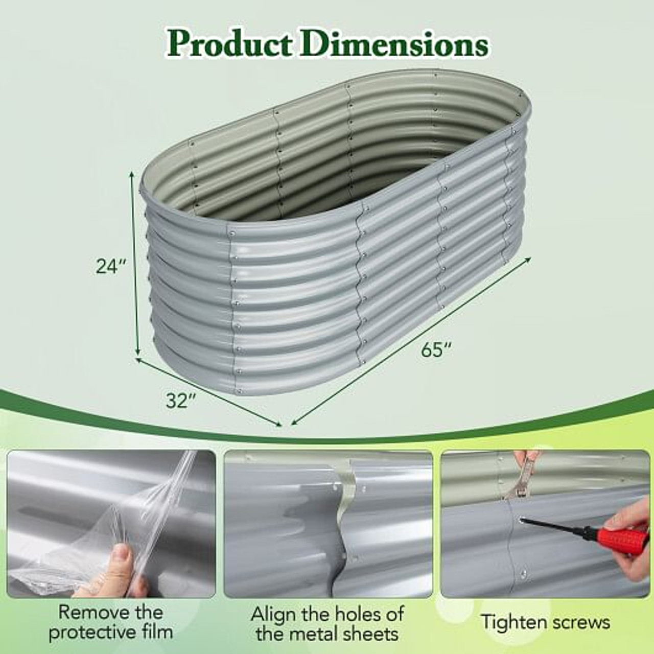 5 x 3 x 2 Feet Metal Oval Raised Garden Bed with Open Bottom Design-Silver