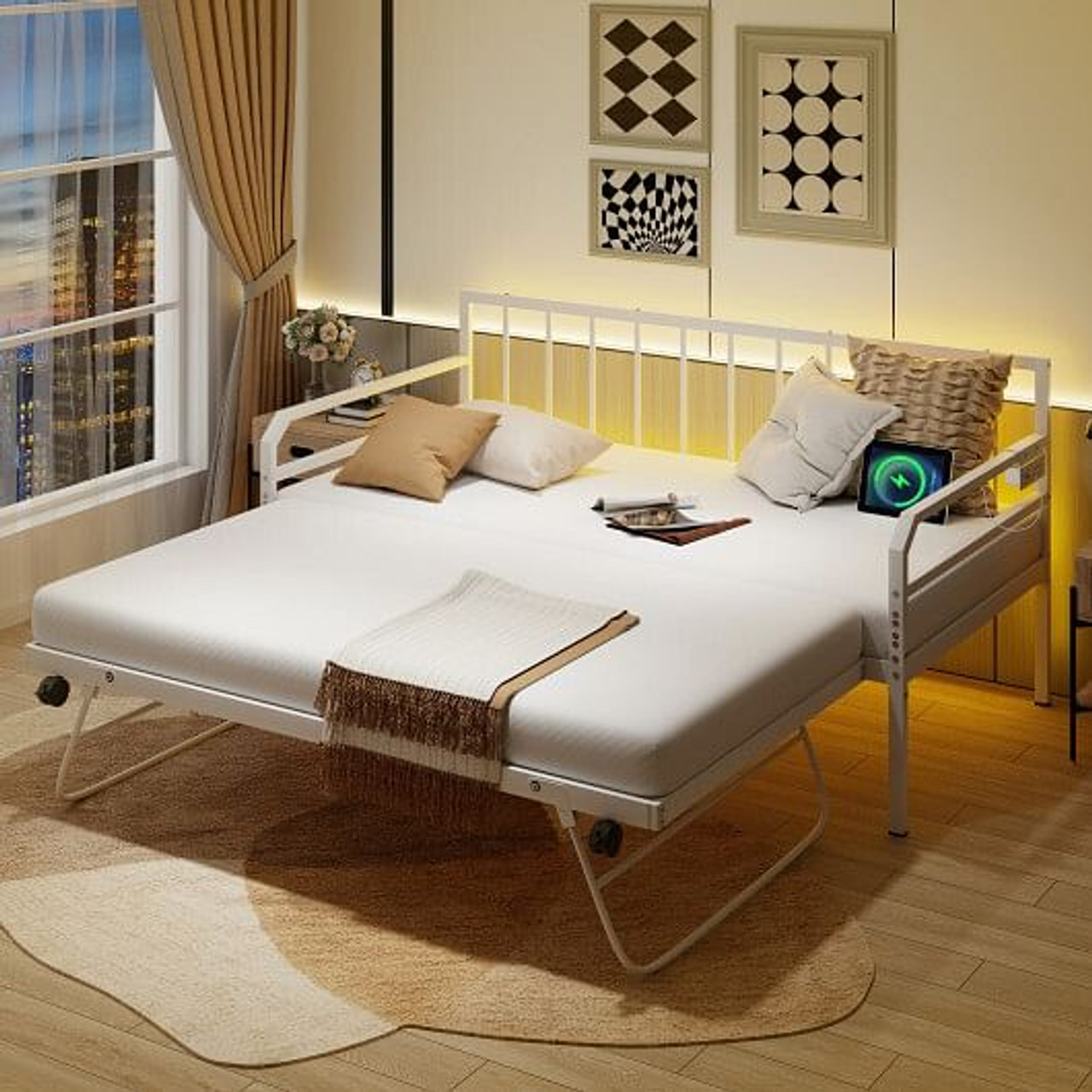 Adjustable Metal Twin Size Daybed with Charging Station and LED Light-Black
