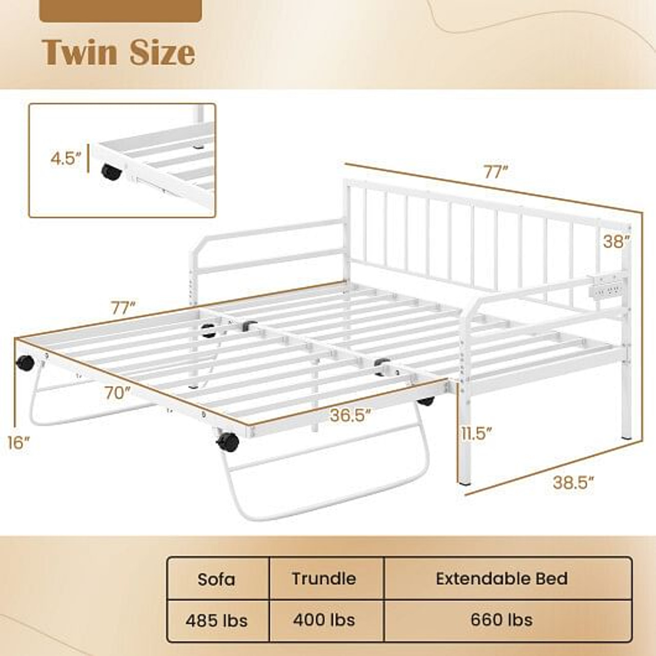 Adjustable Metal Twin Size Daybed with Charging Station and LED Light-Black