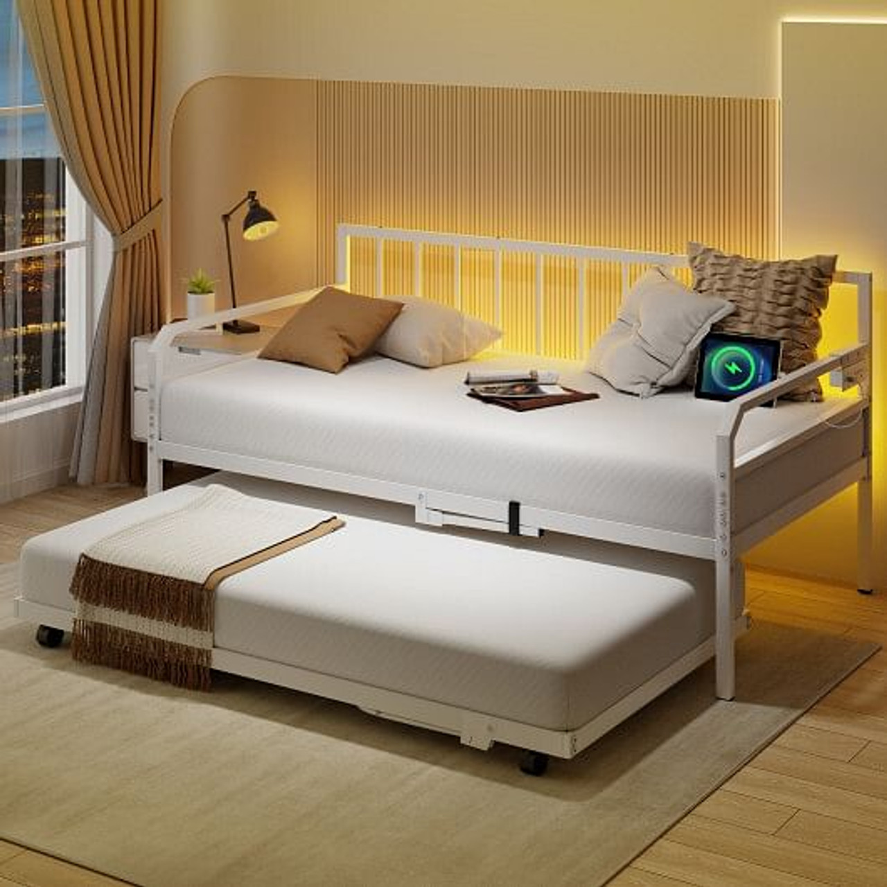 Adjustable Metal Twin Size Daybed with Charging Station and LED Light-Black