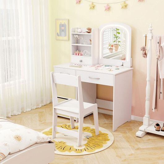 Kids Vanity Set with Lighted Mirror Makeup Desk and Chair Set with Drawers-White