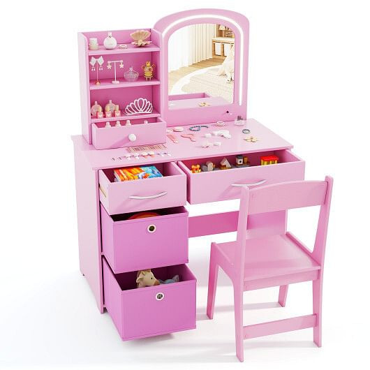 Kids Vanity Set with Lighted Mirror Makeup Desk and Chair Set with Drawers-White