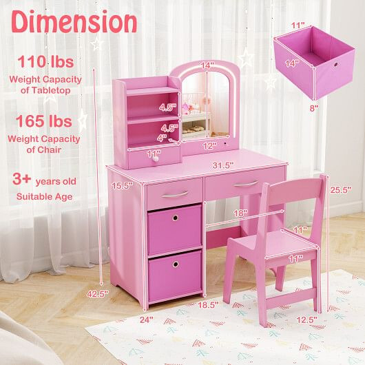Kids Vanity Set with Lighted Mirror Makeup Desk and Chair Set with Drawers-White