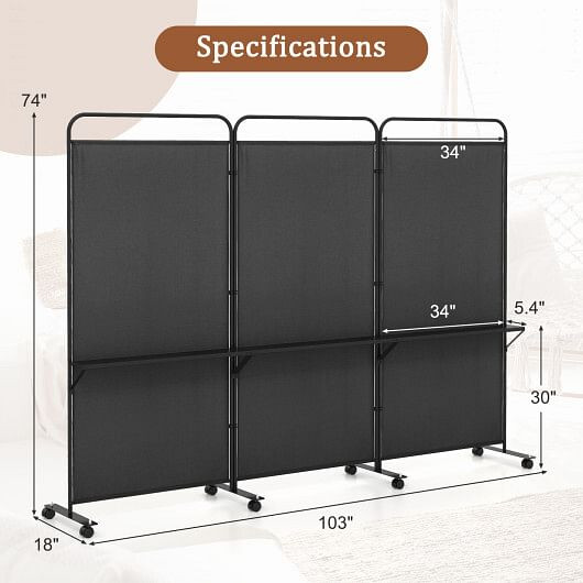 3-Panel Folding Room Divider with 3 Metal Shelves and Lockable Wheels-Brown