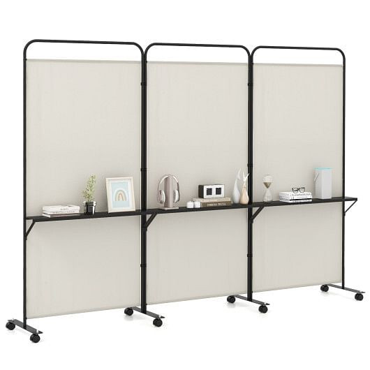 3-Panel Folding Room Divider with 3 Metal Shelves and Lockable Wheels-Black