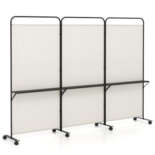 3-Panel Folding Room Divider with 3 Metal Shelves and Lockable Wheels-Brown