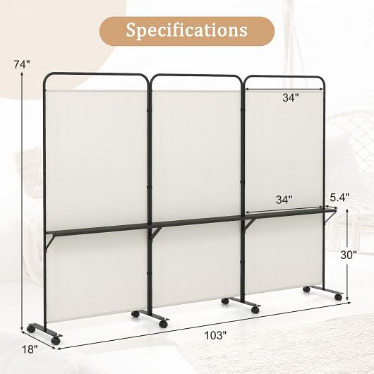 3-Panel Folding Room Divider with 3 Metal Shelves and Lockable Wheels-Black