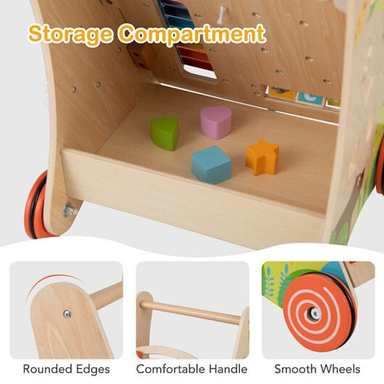 Wooden Push and Pull Baby Walker with Handle and Storage-Natural