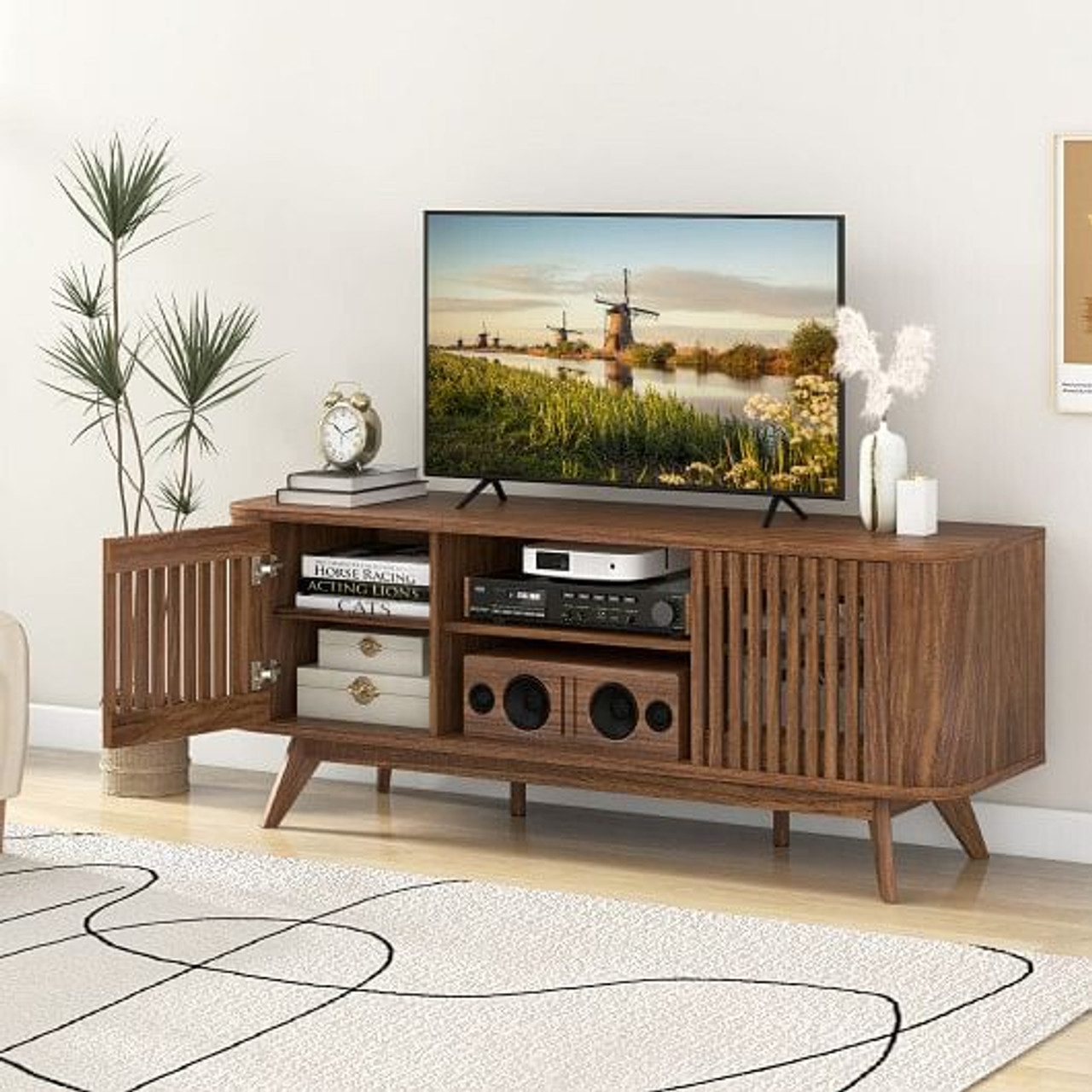 2-Door TV Stand for TVs up to 60 Inches with Adjustable Shelves-Walnut