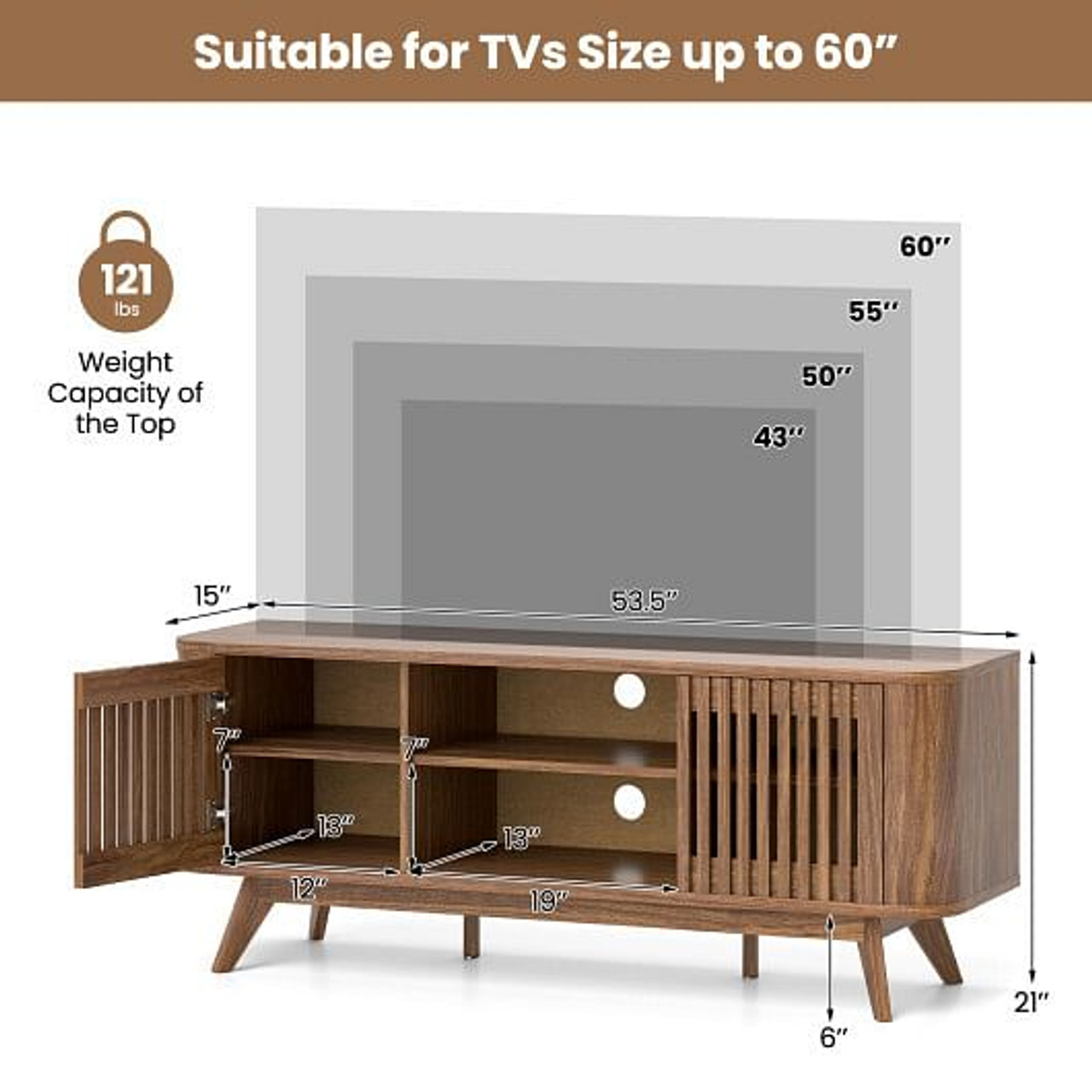 2-Door TV Stand for TVs up to 60 Inches with Adjustable Shelves-Walnut