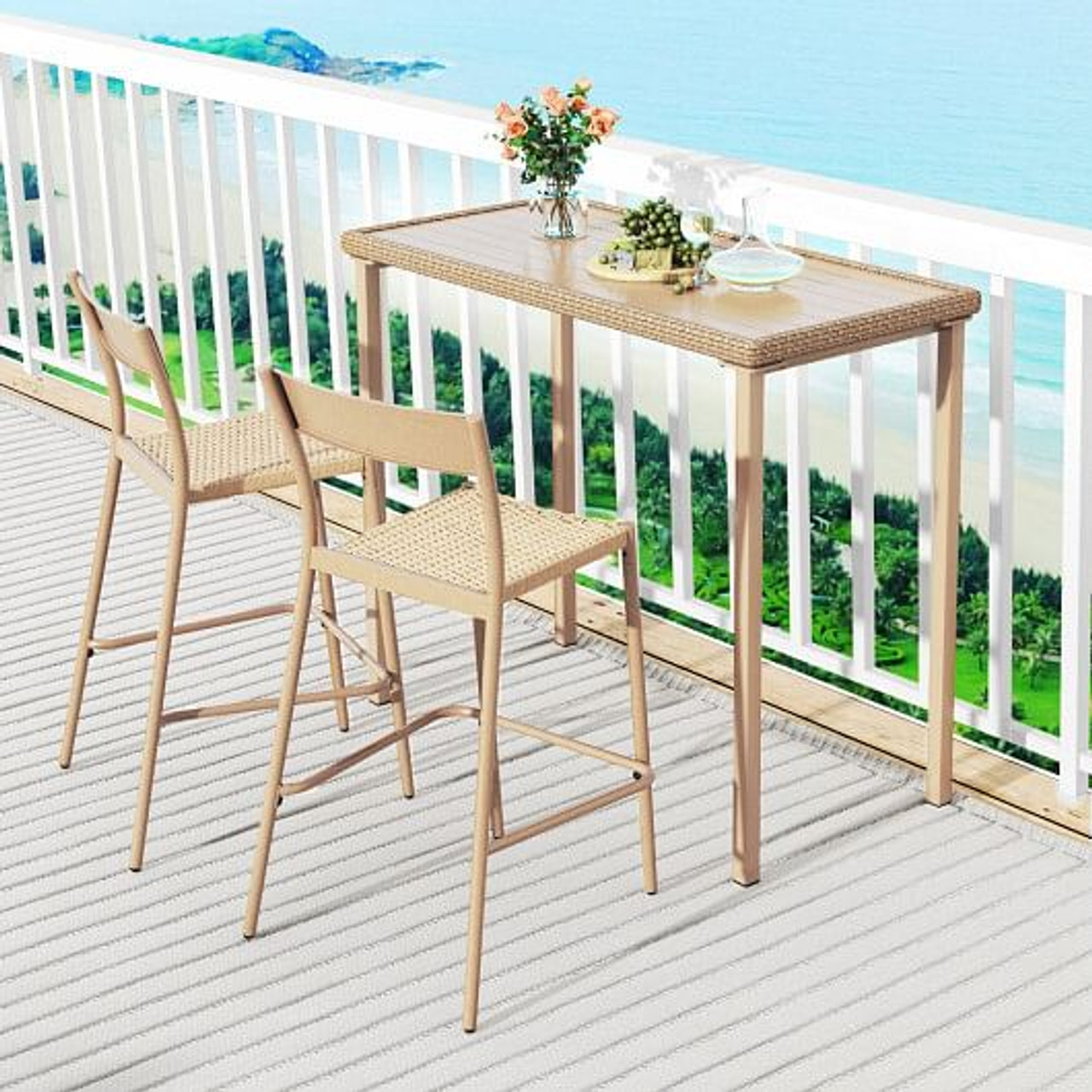 3 Pieces Patio Bar Table Set with Height Table and 2 Armless Chairs