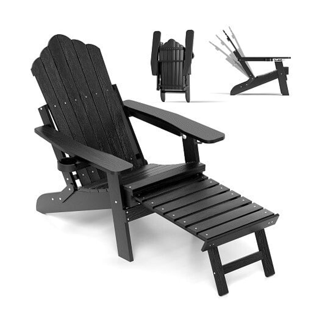 All-Weather HIPS Patio Adirondack Lounge Chair with Retractable Footrest-Navy