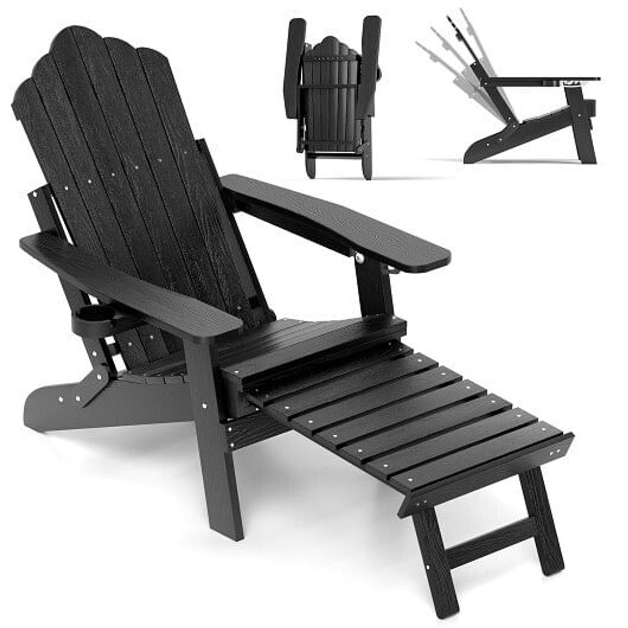 All-Weather HIPS Patio Adirondack Lounge Chair with Retractable Footrest-Navy