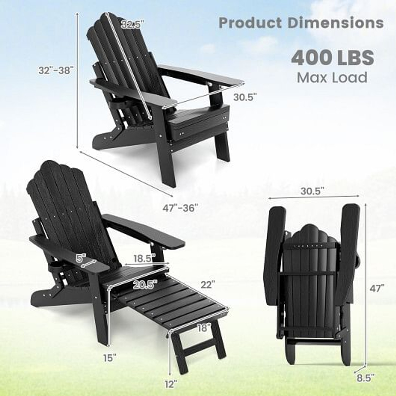 All-Weather HIPS Patio Adirondack Lounge Chair with Retractable Footrest-Navy