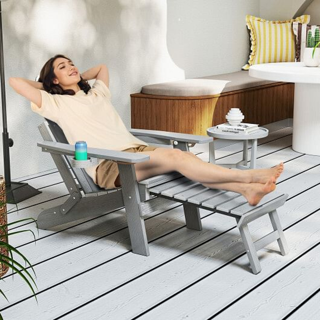 All-Weather HIPS Patio Adirondack Lounge Chair with Retractable Footrest-Navy