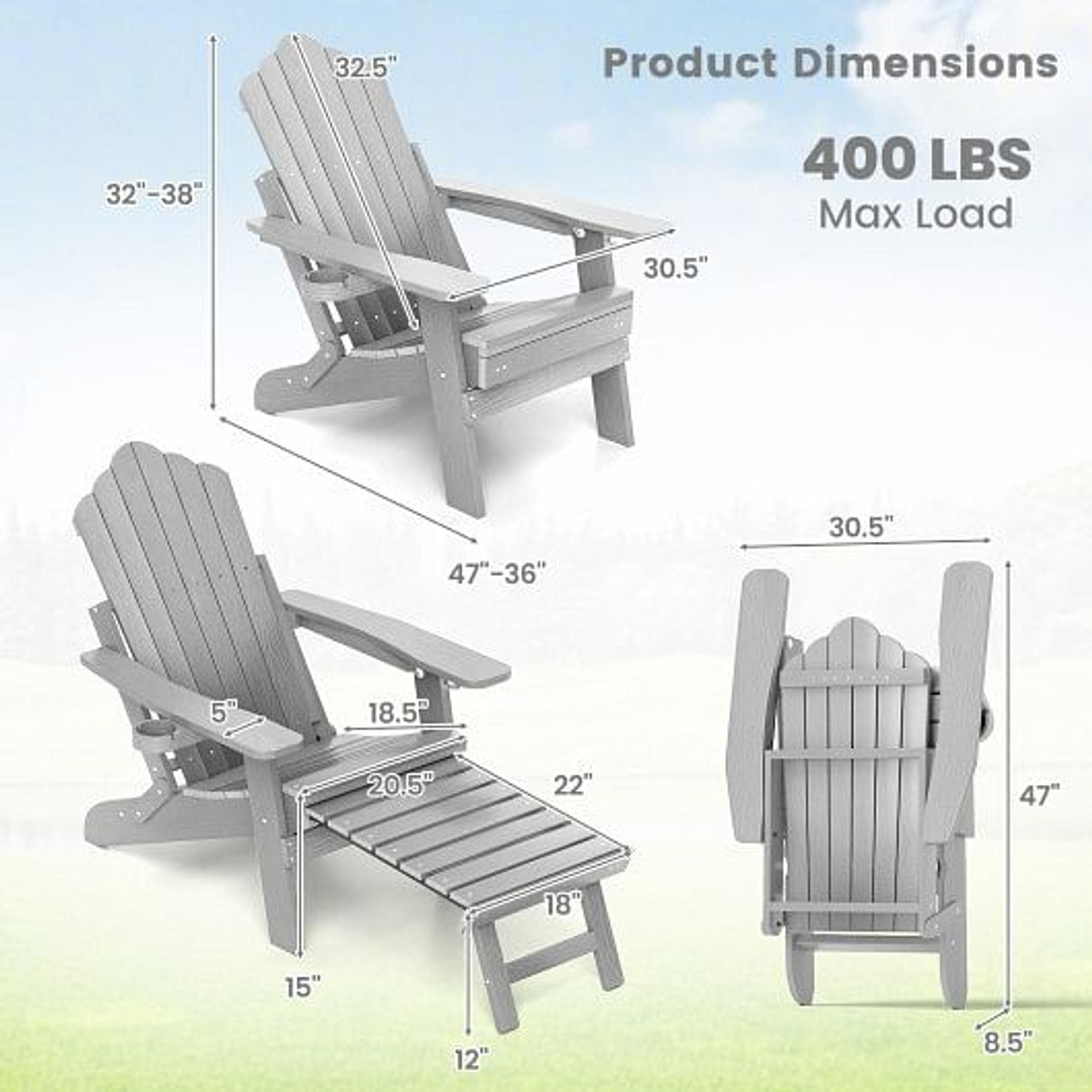 All-Weather HIPS Patio Adirondack Lounge Chair with Retractable Footrest-Navy