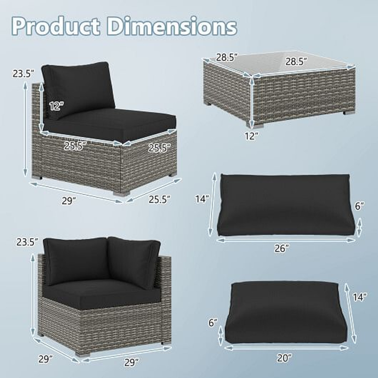 5-Piece Outdoor Patio Sectional Sofa Couch and Glass Coffee Table with Cushions-Black