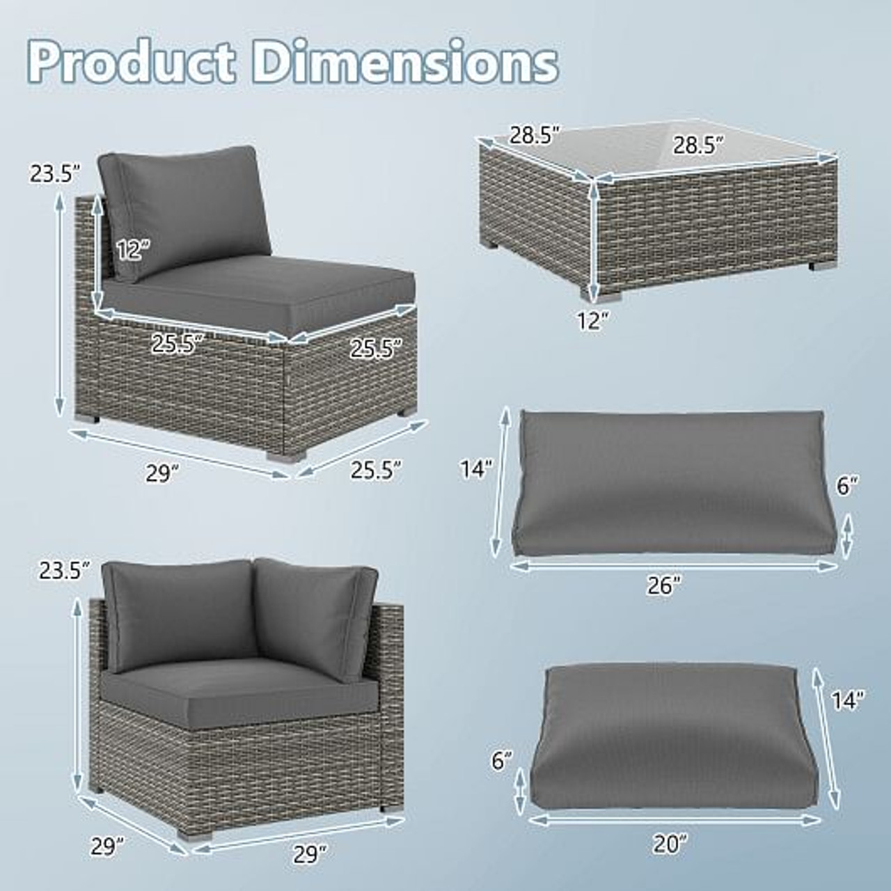 5-Piece Outdoor Patio Sectional Sofa Couch and Glass Coffee Table with Cushions-Black