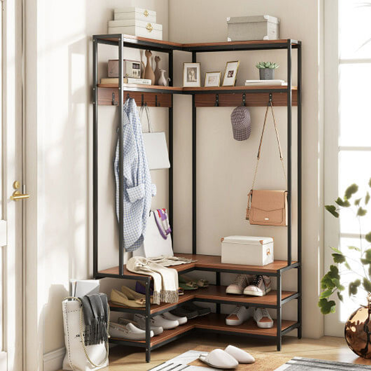 Corner Garment Rack with Open Shelves and 7 Hooks Shoe Bench-Rustic Brown