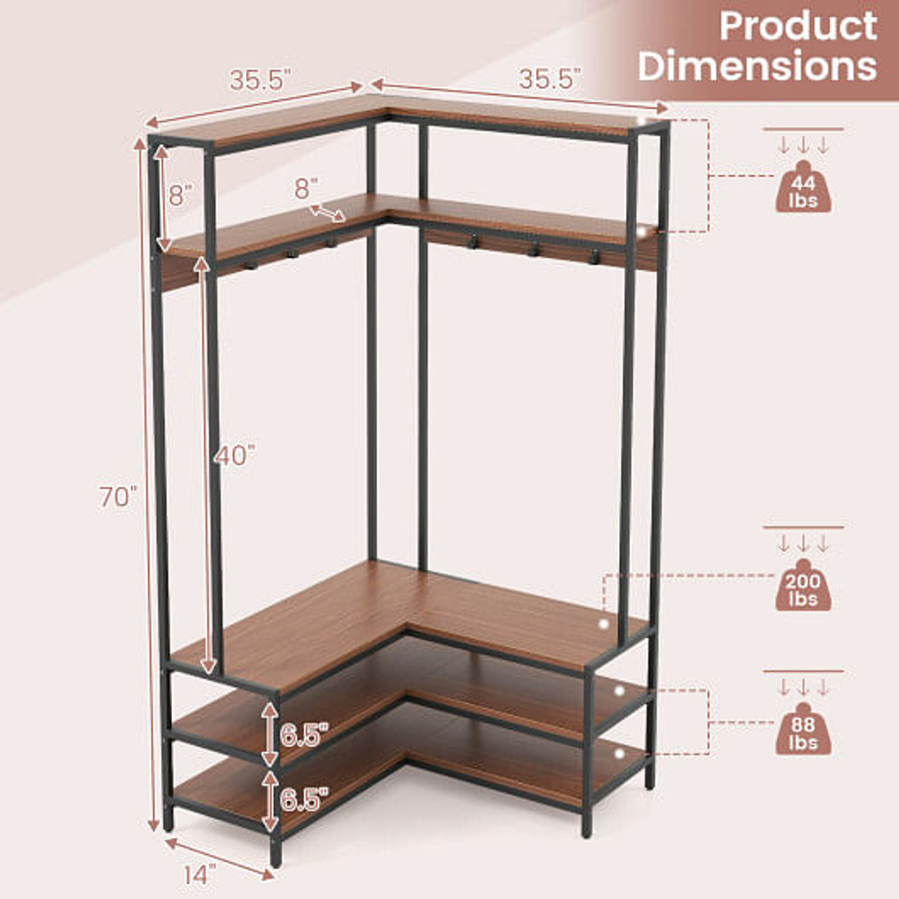 Corner Garment Rack with Open Shelves and 7 Hooks Shoe Bench-Rustic Brown