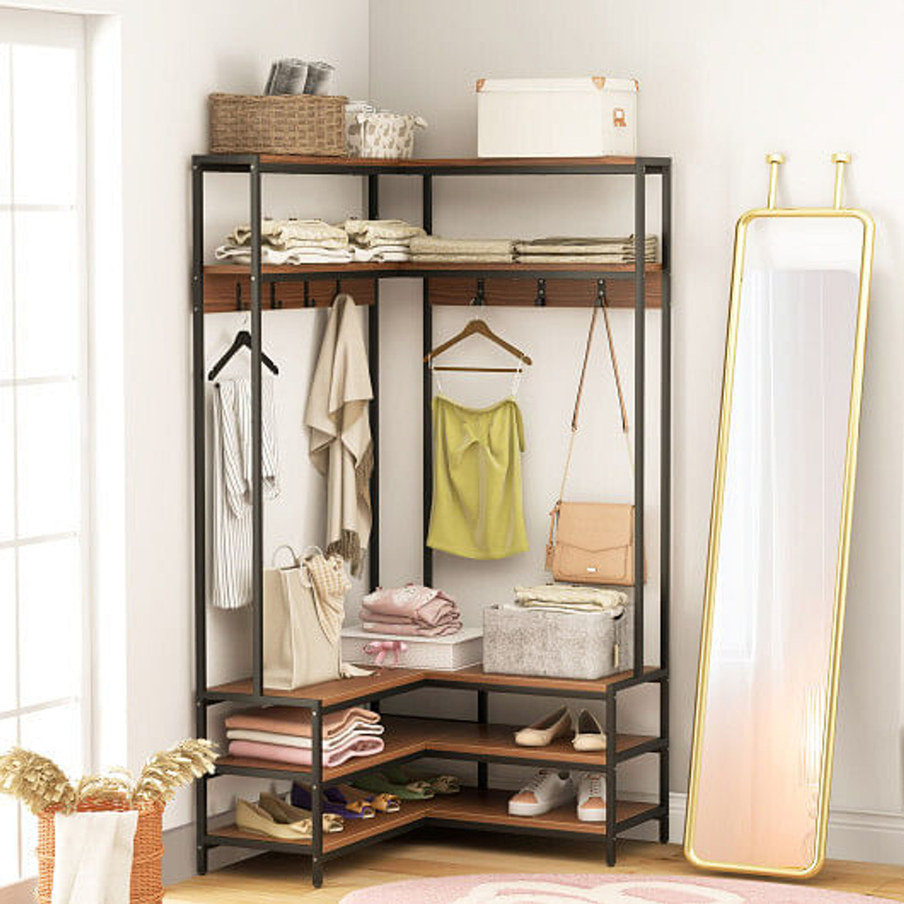 Corner Garment Rack with Open Shelves and 7 Hooks Shoe Bench-Rustic Brown