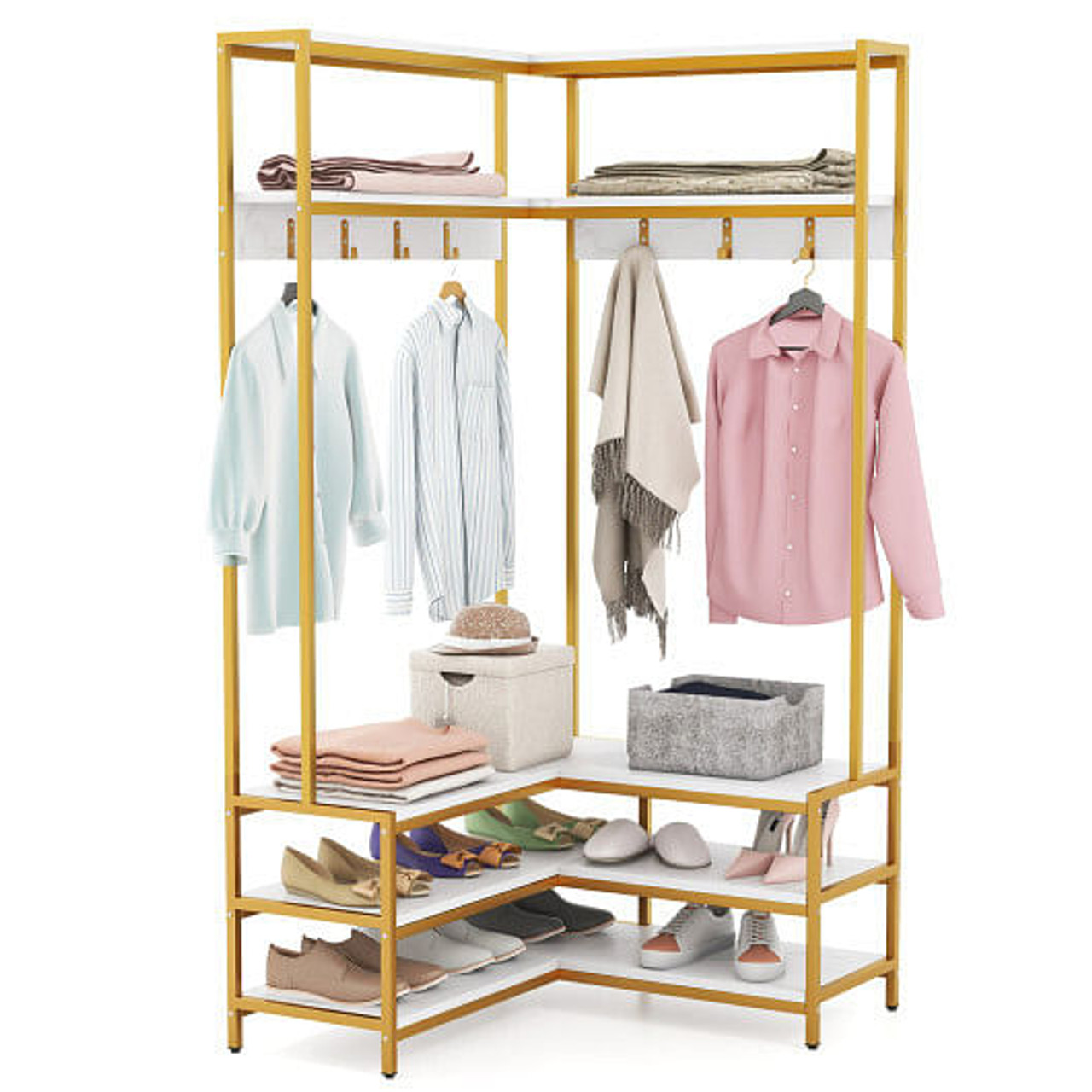 Corner Garment Rack with Open Shelves and 7 Hooks Shoe Bench-Rustic Brown