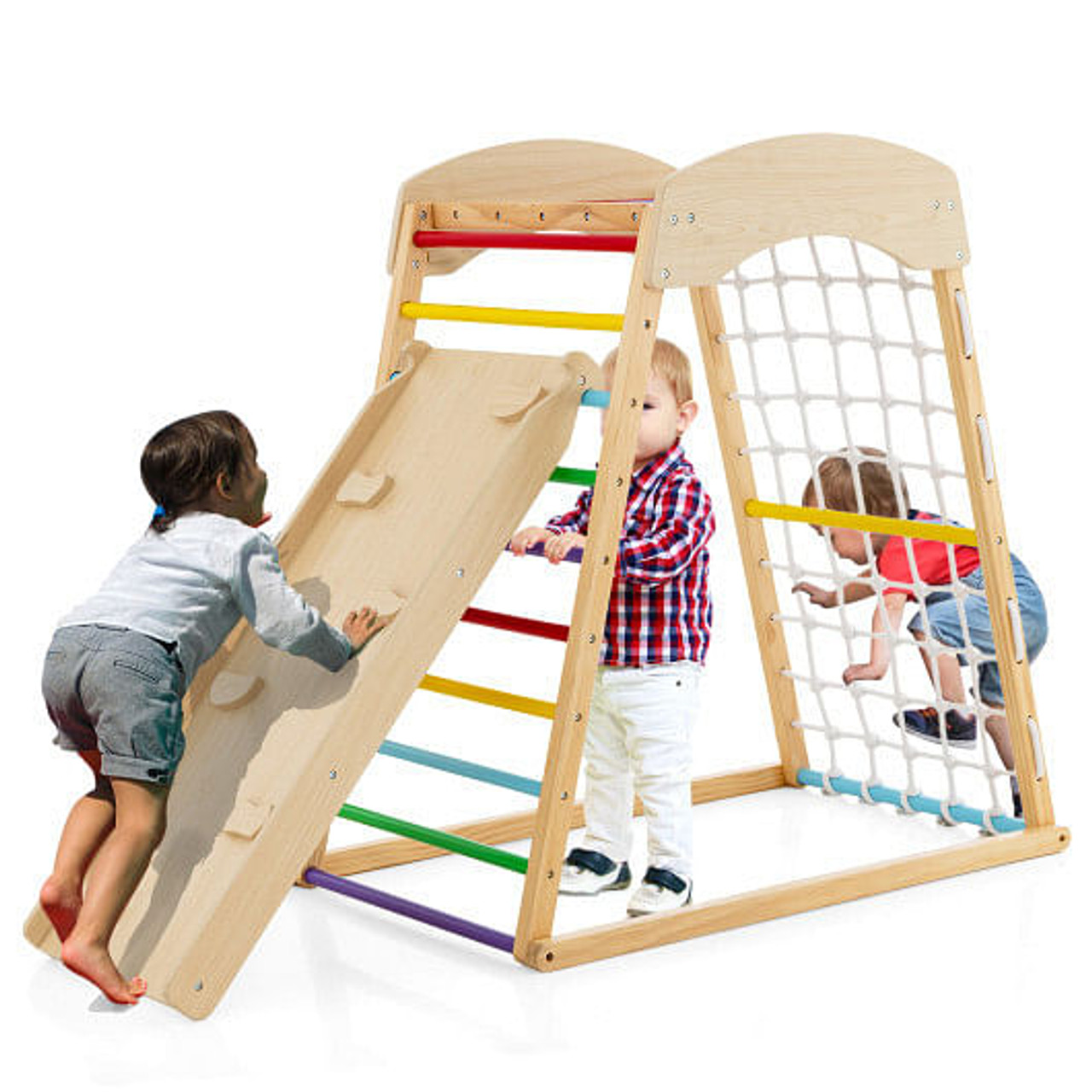 6-in-1 Jungle Gym Wooden Indoor Playground with Double-Sided Ramp and Monkey Bars-Multicolor
